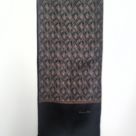 Vintage CHRISTIAN DIOR Silk & Wool Long Neck Scarf Geo Pattern Black Red Grey - Picture 6 of 6